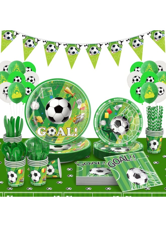 SOCCER Themed Birthday Party Supplies Kit, 212 Pieces, Tableware Set for 24 Guests – Plates, Cups, Napkins, Forks, Spoons, Knives, Straws, Balloons, Banner & Tablecloth - Image 1